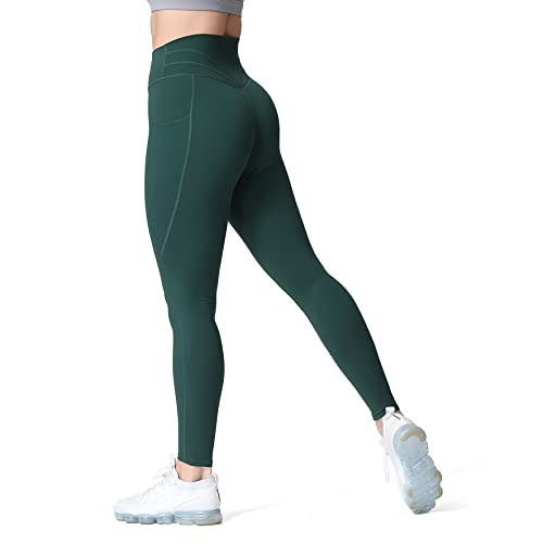 Aoxjox Trinity Yogahose mit hoher Taille und Taschen für Damen, Bauchkontrolle, Crossover-Taille, Workout-Leggings, B Storm Green (normaler Bund), S von Aoxjox