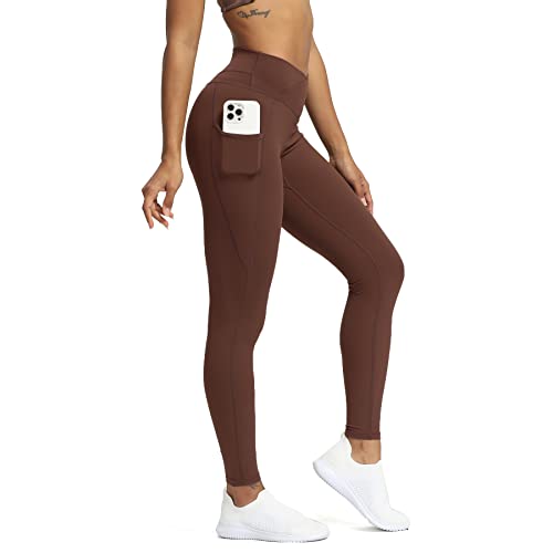 Aoxjox Trinity Yogahose mit hoher Taille und Taschen für Damen, Bauchkontrolle, Crossover-Taille, Workout-Leggings, Dunkelbraun (V-Bund), M von Aoxjox