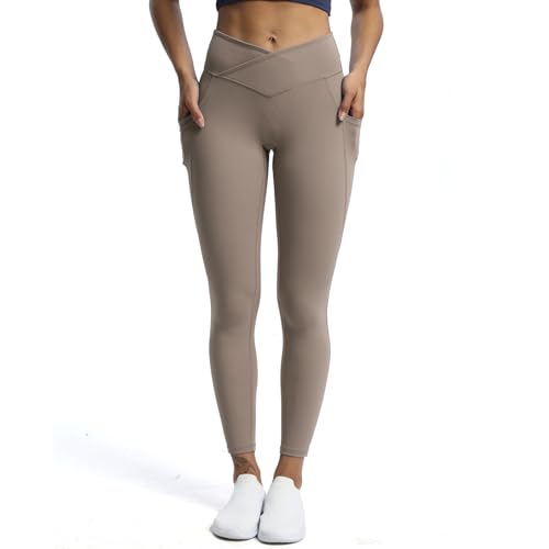 Aoxjox Trinity Yogahose mit hoher Taille und Taschen für Damen, Bauchkontrolle, Crossover-Workout-Leggings, A Treibholz (V-Bund), Groß von Aoxjox