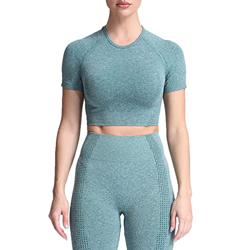 Aoxjox Damen Workout Vital Kurzarm Seamless Crop Top Yoga Gym Sport Shirts T-Shirt, B Dunkelgrün meliert (Crop-Tops), Mittel von Aoxjox