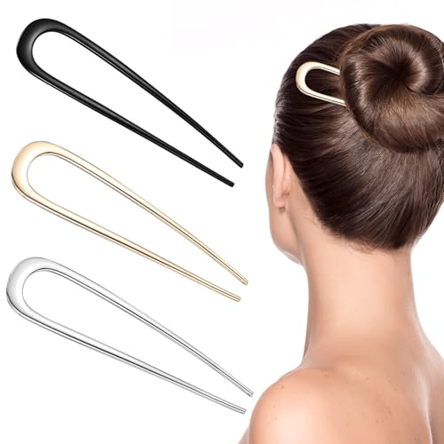 Aoyfuwell 3 Stück U Förmige Haarnadeln Groß, 14cm French Hair Pins, French Hair Clips, U-förmige Haarspangen Twist Haarpin für Frauen Mädchen Haar Style(Gold Silber Schwarz) von Aoyfuwell