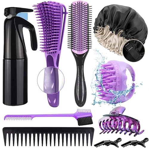 Aozzy 10 Stück Detangle Haarbürste Set für Naturhaar Afro Haare 3a Bis 4c,Mit 9-Reihig Haarbürste Schlafmütze Satin Bonnet Sprühflaschen Kontinuierliche Ein Super Set für Die Pflege Von Frauen 4c Haar von Aozzy