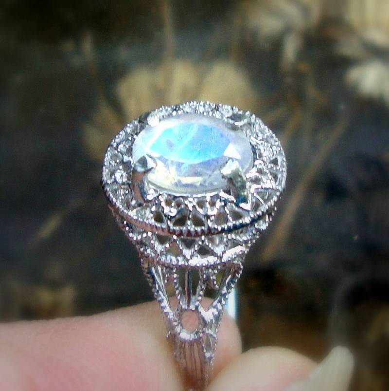 Ring Zarin Carlotta Filigraner Sterling Silber Mit Fair Trade Regenbogen Mondstein Maßgefertigte Ihre Größe - Verlobung, Hochzeit von ApacheMoon