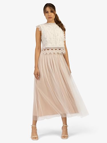 APART Damen-Tüll-Mesh-Rock, bequemer elastischer Bund, ausgestellte und normale Passform, anmutig unter das Knie fallender Rock, perfekt für Partys und Festliche Anlässe, Creme-Puder von ApartFashion