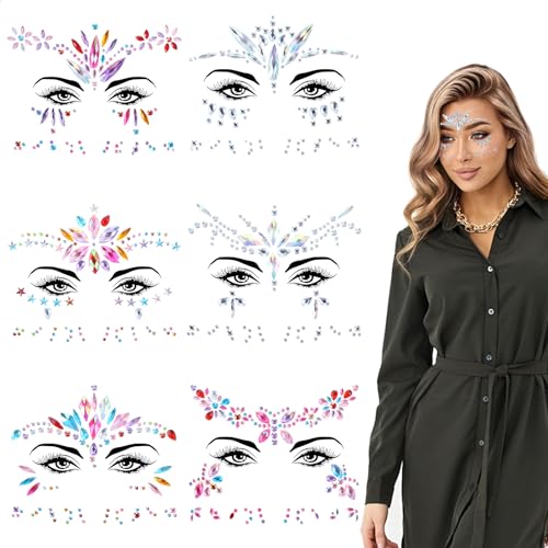 6 Stk Strasssteine Gesicht Aufkleber,Gesicht Edelsteine,Edelsteine Temporäre Tattoos,Glitzer Schmucksteine Strass Gesicht,Gesicht Strasssteine Selbstklebend,Glitzersteine Gesicht Festival,für Party von Apausvcm