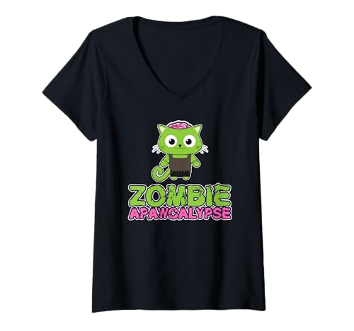 Damen Apocalypse Cat Lustige Zombie-Apokalypse T-Shirt mit V-Ausschnitt Damen Apocalypse Cat Lustige Zombie-Apokalypse T-Shirt mit V-Ausschnitt von Apawcalypse Cat Zombie Apocalypse Kitty Gear Co.