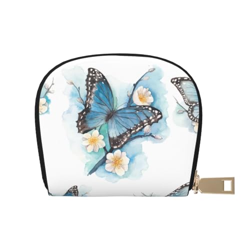 Apbdffjnf Atomic Stars Pattern Print Leder Kreditkartenetui Ausweis Visitenkartenetui Geldbörse Kleine Geldbörse mit Reißverschluss für Damen und Herren, Blauer Schmetterling auf Blüte, Einheitsgröße von Apbdffjnf