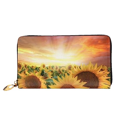 Apbdffjnf Damen-Geldbörse mit Sonnenblumen-Motiv, Motiv: Sonnenblumen, Sonnenuntergang, Sonnenlicht, Landschaft, Leder, lang, Reise-Geldbörse, Kreditkartenhalter, Reißverschluss, Handtasche von Apbdffjnf