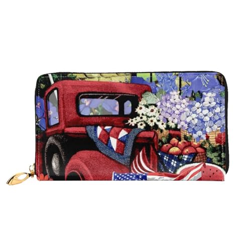 Apbdffjnf Damen-Geldbörse mit Totenkopf-Motiv, Leder, lang, Reise-Geldbörse, Kreditkartenhalter, Reißverschluss, Handtasche, 4. Juli Patriotischer Old Red Truck, Einheitsgröße von Apbdffjnf