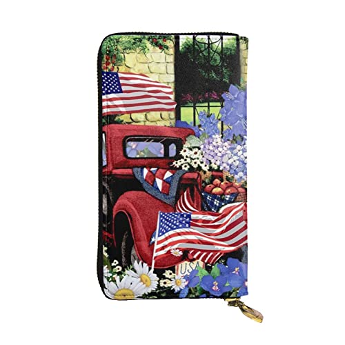 Apbdffjnf Damen-Geldbörse mit Totenkopf-Motiv, Leder, lang, Reise-Geldbörse, Kreditkartenhalter, Reißverschluss, Handtasche, 4. Juli Patriotischer Old Red Truck, Einheitsgröße von Apbdffjnf