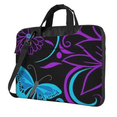 Apbdffjnf Laptoptasche mit Schmetterlingsmotiv und Blumen, für Damen und Herren, Laptoptasche, Aktentasche, Schultertasche mit Gurt, 33 cm, 35,6 cm, 39,6 cm, Violett, Schwarz , 13 inch von Apbdffjnf