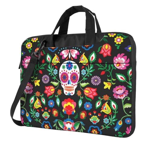 Apbdffjnf Sugar Horror Totenkopf und Blumen Laptoptasche für Damen und Herren, Laptophülle, Computertasche, Aktentasche, Schultertasche mit Gurt, 33 cm, 35,6 cm, 39,6 cm, Schwarz , 15.6 inch von Apbdffjnf