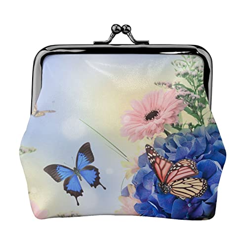 Blaue Schmetterling und Blumen Damen Mini Münzbörse Leder Geldbörse Tasche für den täglichen Gebrauch und Geschenke von Apbdffjnf