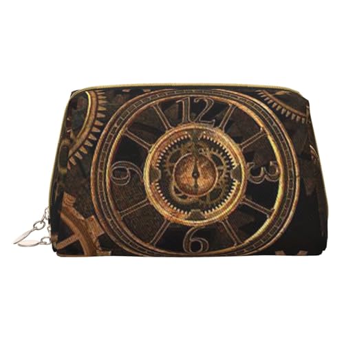 Kleine Make-up-Tasche mit braunen Streifen, Reise-Kosmetiktasche, Make-up-Tasche, PU-Leder, tragbar, vielseitig, Reißverschluss, Make-up-Tasche für Damen und Mädchen, Gears Clock Bronze Century, von Apbdffjnf