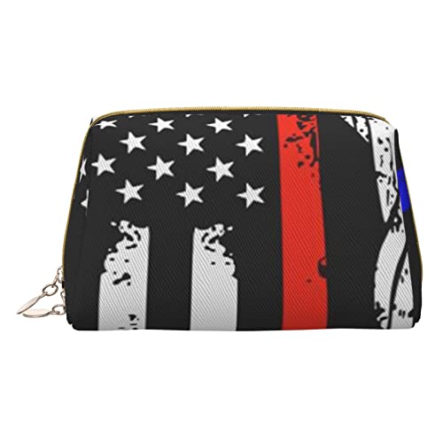 Kleine Make-up-Tasche mit roten Streifen, Motiv: Feuerwehrmann, USA-Flagge, Reise-Kosmetiktasche, Make-up-Tasche, PU-Leder, tragbar, vielseitig, mit Reißverschluss, Make-up-Tasche für Damen und von Apbdffjnf