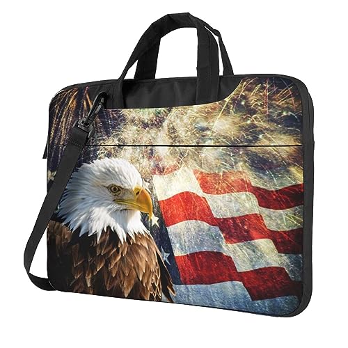 Laptoptasche mit amerikanischer Flagge, Adler, Feuerwerk, Laptoptasche, Computertasche, Aktentasche, Schultertasche mit Gurt, 33 cm, 35,6 cm, 39,6 cm, Schwarz , 14 inch von Apbdffjnf