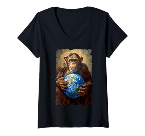 Damen Schimpanse hält Erde Planet Welt Primatenaffe T-Shirt mit V-Ausschnitt Damen Schimpanse hält Erde Planet Welt Primatenaffe T-Shirt mit V-Ausschnitt von Ape Monkey Global Sphere Caring Friend Future