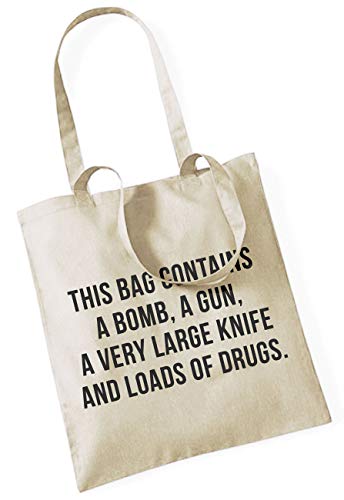 ApeWear THIS BAG CONTAINS A BOMB, A GUN, A VERY LARGE KNIFE AND LOADS OF DRUGS. / Stoffbeutel Jutebeutel Tote Bag/BEIGE von ApeWear