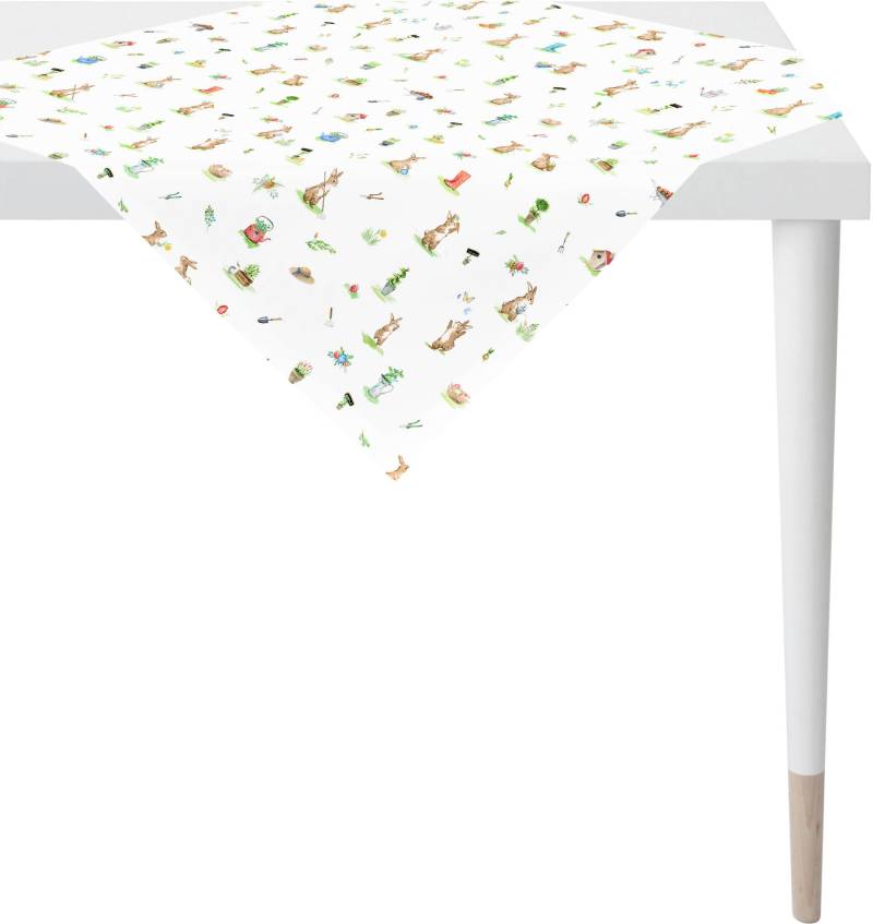 APELT Mitteldecke "6812 HAPPY EASTER, Osterdeko, Ostern" Digitaldruck, modisches Design mit verspielten Häschen im Garten von Apelt