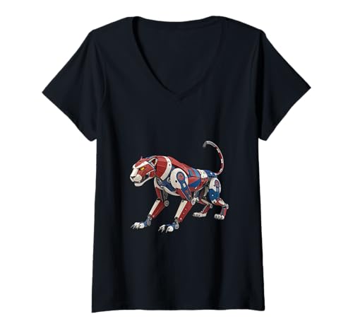 Damen Roboter Panther Mech in Rot, Weiß und Blau T-Shirt mit V-Ausschnitt Damen Roboter Panther Mech in Rot, Weiß und Blau T-Shirt mit V-Ausschnitt von Apex Circuit Design
