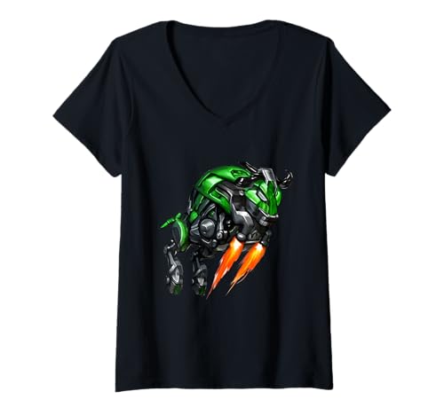 Damen Jet Powered Robotic Bull Motorradfahrer Kunst T-Shirt mit V-Ausschnitt von Apex Motorcycle Core Studio