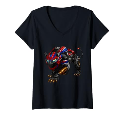 Damen Roboter-Motorrad-Panther in roter und Blauer Kampfhaltung T-Shirt mit V-Ausschnitt Damen Roboter-Motorrad-Panther in roter und Blauer Kampfhaltung T-Shirt mit V-Ausschnitt von Apex Motorcycle Core Studio