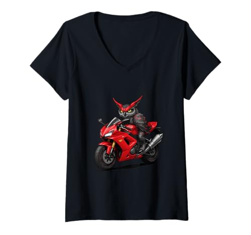 Damen Rotes Sportfahrrad mit heftiger Eule, Motorradfahrer T-Shirt mit V-Ausschnitt Damen Rotes Sportfahrrad mit heftiger Eule, Motorradfahrer T-Shirt mit V-Ausschnitt von Apex Nocturne Design