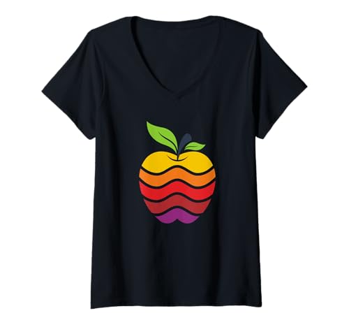 Damen Bunter Retro Apfel Frucht Obst T-Shirt mit V-Ausschnitt Damen Bunter Retro Apfel Frucht Obst T-Shirt mit V-Ausschnitt von Apfel, Obst, Früchte und Äpfel Motive