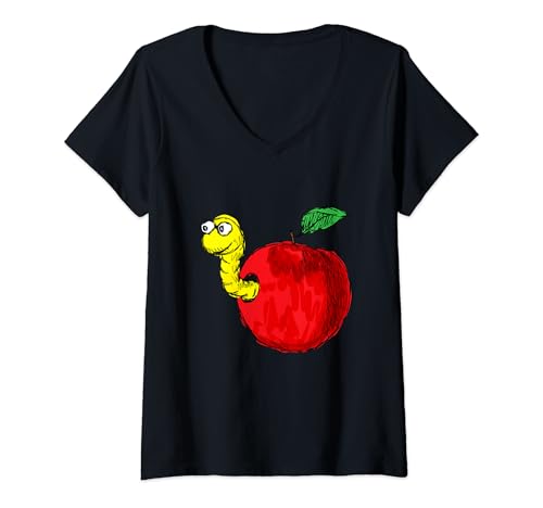 Damen Roter Apfel mit Wurm Obst Frucht Zeichnung T-Shirt mit V-Ausschnitt Damen Roter Apfel mit Wurm Obst Frucht Zeichnung T-Shirt mit V-Ausschnitt von Apfel, Obst, Früchte und Äpfel Motive