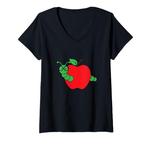 Damen Roter Apfel mit Wurm Obst Frucht Äpfel Wurm mit Brille T-Shirt mit V-Ausschnitt von Apfel Obst Früchte Äpfel Motive
