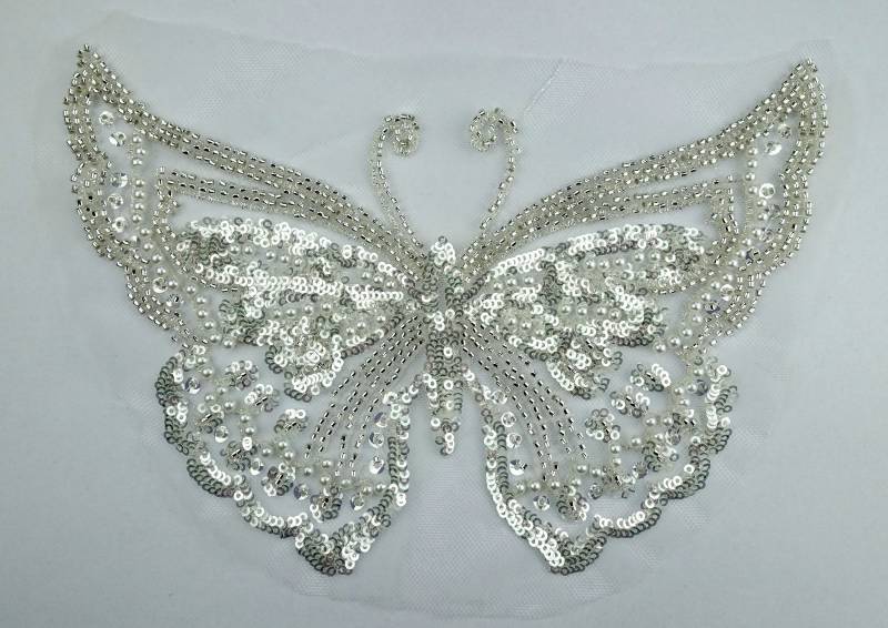22cm Schmetterling Applikation Perlen Pailletten Aufnäher Glitzer Silber Weiß Xl Sequins Patch Kinder Tier Applikationen Edel Brautkleid von ApfelblueteShopDE