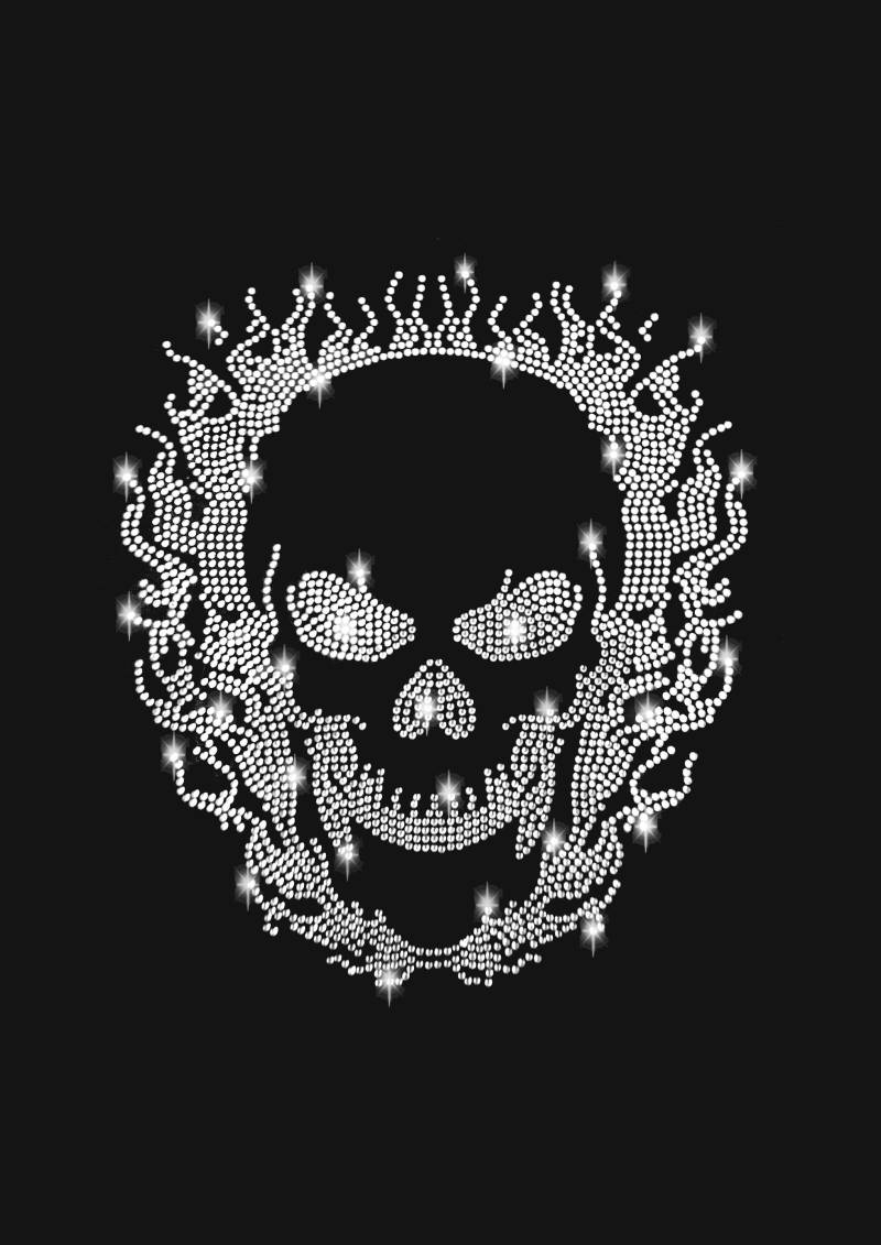 Strass Applikation Totenkopf Flammen Burning Skull Schädel Bügelbild Applikationen Hot Fix Strasssteine Gothic Rhinestone Feuer Silber Klar von ApfelblueteShopDE