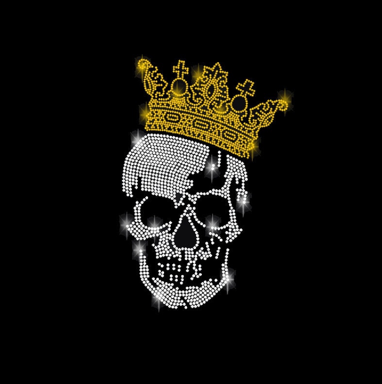 Strass Applikation Totenkopf Skull Krone König Schädel Bügelbild Applikationen Hot Fix Strasssteine Gothic Rhinestone Crown Aufbügeln Gold von ApfelblueteShopDE
