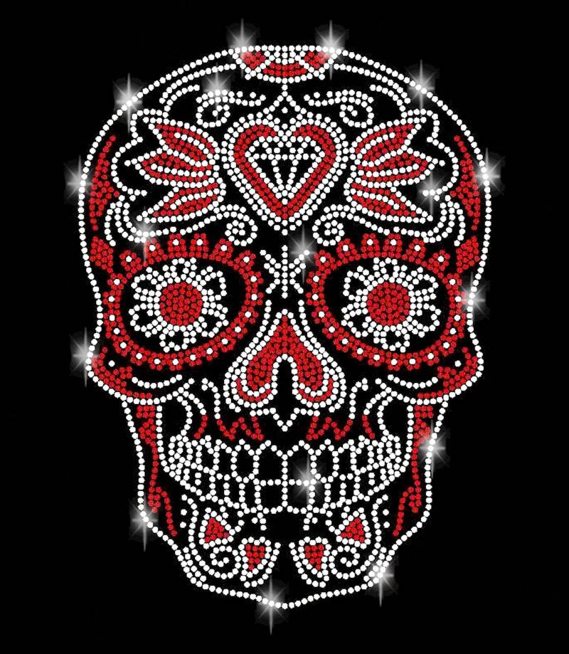 Strass Applikation Totenkopf Suger Skull Schädel Bügelbild Applikationen Hot Fix Strasssteine Gothic Rhinestone Flowers Iron On Rot Red Herz von ApfelblueteShopDE