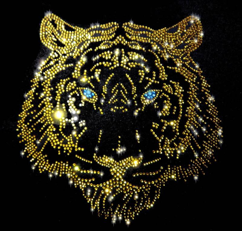 xl 26 Strass Applikation Tiger Kopf Bunt Gold Bügelbild Hot Fix Applikationen Strasssteine Rhinestone Gold König Dschungel Raubkatze Katze von ApfelblueteShopDE