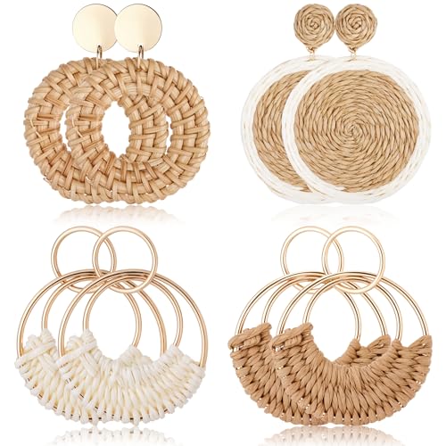4 Pairs Boho Earrings Handmade Raffia Ohrringe Bohemian Raffia Hoop Baumeln Ohrrings Wicker Rattan Ohrringe für Damen Geschenk Frauen Und Mädchen von Aphumedc