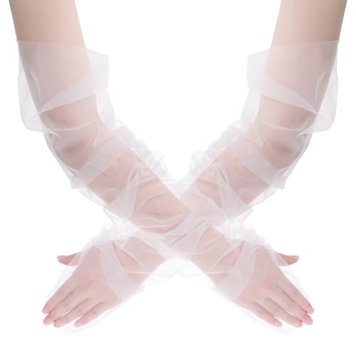Aphumedc Lange Hochzeit Tüll Handschuhe 1 Paar 53,3 cm Weiß Braut Ellenbogen Länge Sommer Fingerlose Handschuh Opera Hochzeit Kleid Ärmel für Frauen Hochzeit Braut Tanzparty, weiß, 42 von Aphumedc