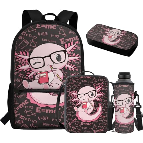 Aplkyhs Kinder-Rucksäcke mit Lunchbox, Federmäppchen, Wasserflaschenhalter, 4 Stück, Schulbüchertasche, isolierte Lunchtasche, Axolotl Mathematikformel, Einheitsgröße, Daypack Rucksäcke von Aplkyhs