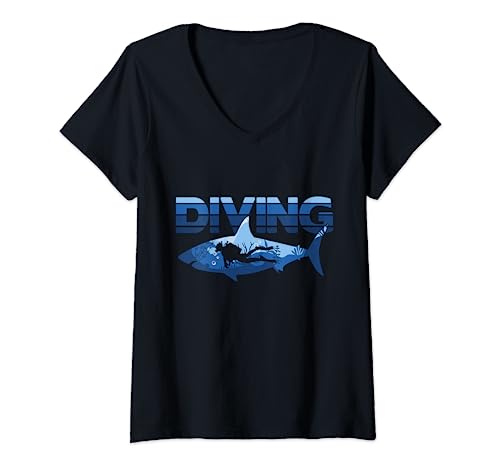 Damen Tauchen Taucher Hai Diving Dive Apnoe Scuba T-Shirt mit V-Ausschnitt von Apnoe Scuba Tauchen Shirts