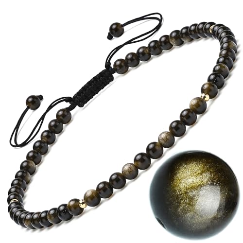 Apocalyptic-K Damen Naturstein Fußkettchen, 4MM, 9,45-10,45 Zoll. 925 Silber/Gold, Handgewebt (Gold Obsidian Fußkettchen, 4MM) von Apocalyptic-K