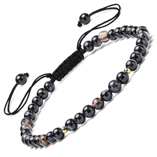 Apocalyptic-K Damen Naturstein Fußkettchen, 4MM, 9,45-10,45 Zoll. 925 Silber/Gold, Handgewebt (Schwarz gestreiftes Achat Fußkettchen, 4MM) von Apocalyptic-K