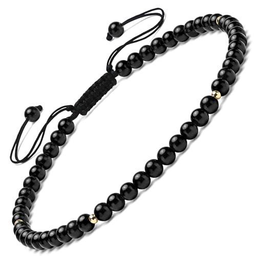 Apocalyptic-K Damen Naturstein Fußkettchen, 4MM, 9,45-10,45 Zoll. 925 Silber/Gold, Handgewebt (Schwarzer Turmalin Fußkettchen，4MM) von Apocalyptic-K