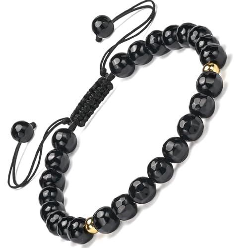 Apocalyptic-K Schwarzes Turmalin-Naturstein-Armband&18K Gold |4-6MM | 6.7-9.3 IN | ，Damen Armband &18K Gold | Einstellbar (Schwarzer Turmalin,6MM) von Apocalyptic-K