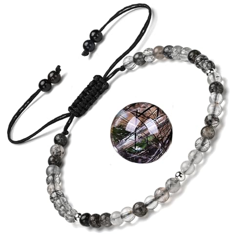 Apocalyptic-K Damen Naturstein Fußkettchen, 4MM, 9,45-10,45 Zoll. 925 Silber/Gold, Handgewebt (Schwarzer Haarkristall，4MM) von Apocalyptic-K