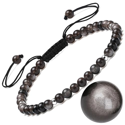 Apocalyptic-K Obsidian-Naturstein-Armband&925 Sterling Silber | Vergoldet |4-6MM | 6.7-9.3 IN | ，Damen Armband &925 Sterling Silber, | Einstellbar (Silber-Obsidian, 4MM) von Apocalyptic-K