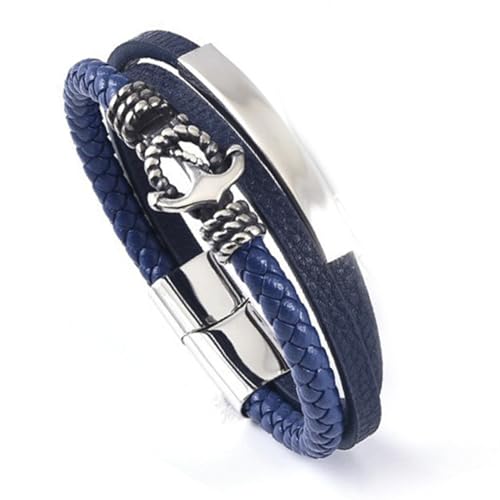 Apocalyptic-K Geflochtenes Herren Lederarmband, Edelstahl Inspirationsarmband（21CM/8.25Zoll ）, Magnetverschluss, Geschenke für Männer， (Anker-Blau) von Apocalyptic-K