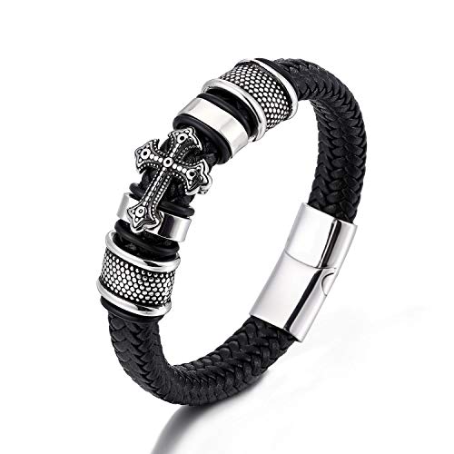 Apocalyptic-K Geflochtenes Herren Lederarmband, Edelstahl Inspirationsarmband（21CM/8.25Zoll ）, Magnetverschluss, Geschenke für Männer， (Kreuzigung&Stahlfarbe) von Apocalyptic-K