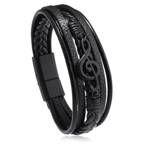 Apocalyptic-K Geflochtenes Herren Lederarmband, Edelstahl Inspirationsarmband（21CM/8.25Zoll ）, Magnetverschluss, Geschenke für Männer， (Musik-Symbol - Schwarz) von Apocalyptic-K