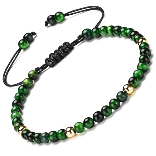 Apocalyptic-K Tigerauge-Armband&18K Gold |4-6MM | 6.7-9.3 IN | ，Damen Armband &18K Gold, | Einstellbar (Grüner Tigerauge,4MM) von Apocalyptic-K