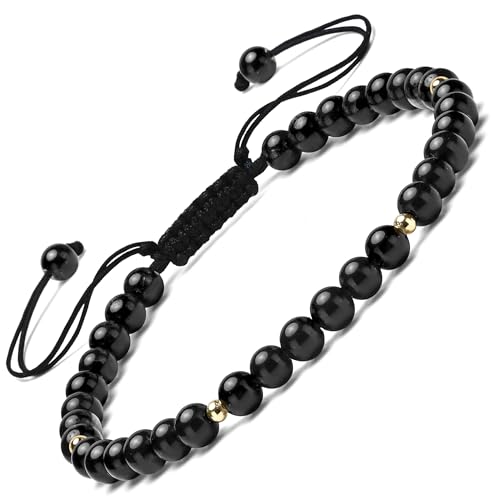Apocalyptic-K Schwarzer Obsidian-Armband&18K Gold | 4-6MM | 6.7-9.3 IN | ，Damen Armband &18K Gold, | Einstellbar (Schwarzer Obsidian,4MM) von Apocalyptic-K